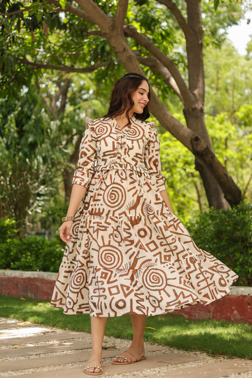 Women Abstract Printed Pure Cotton Tiered Fit & Flare Midi Dress